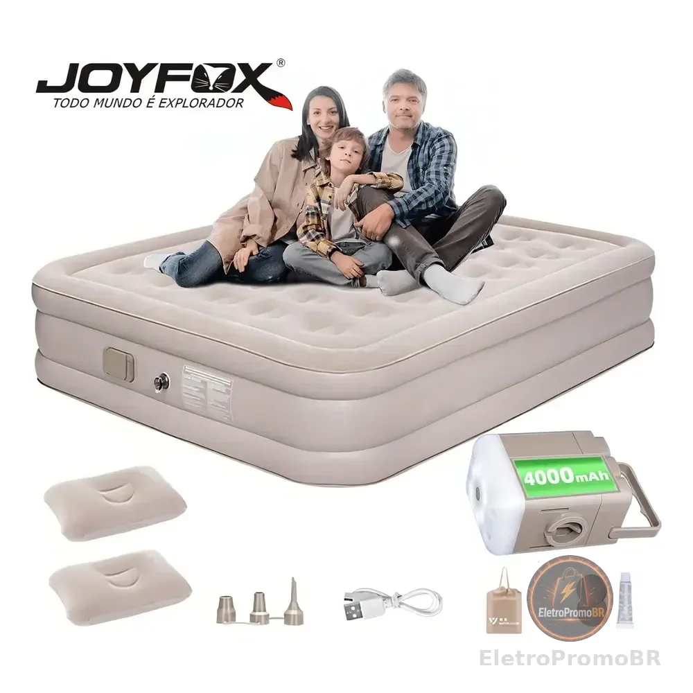 Colchão Inflável Queen Joyfox Bateria Lítio Integrada 203x154x44cm Creme