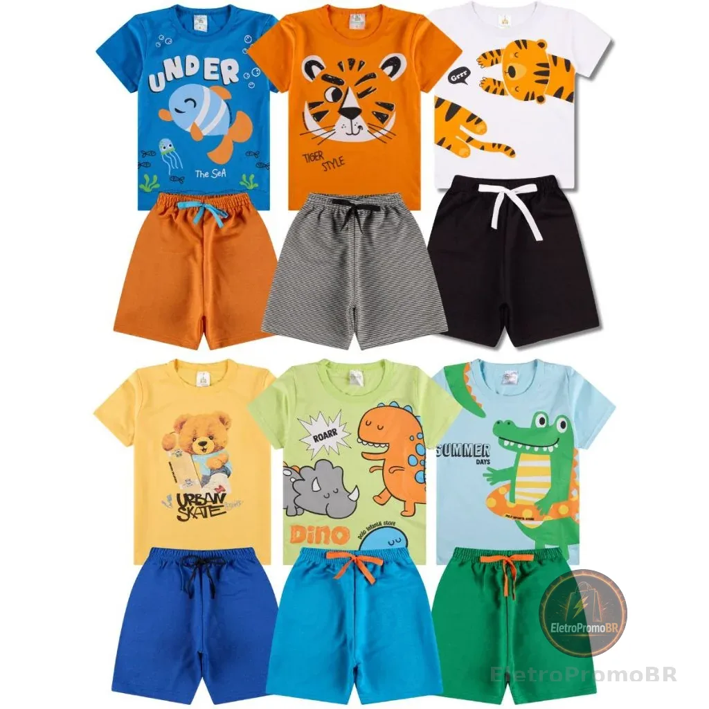 Kit Sortido 4, 10 ou 16 Peças de Roupas Infantil Bebê Menino Camisetas + Bermudas ou Roupa Bebê Conjunto Verão dia Calor