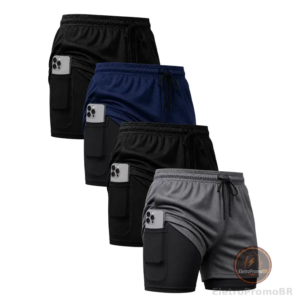 Kit 4 Shorts 2 Em 1 Duplo Bolso Para Academia Treino Corrida Preto/cinza/azul-marinho Lisa G