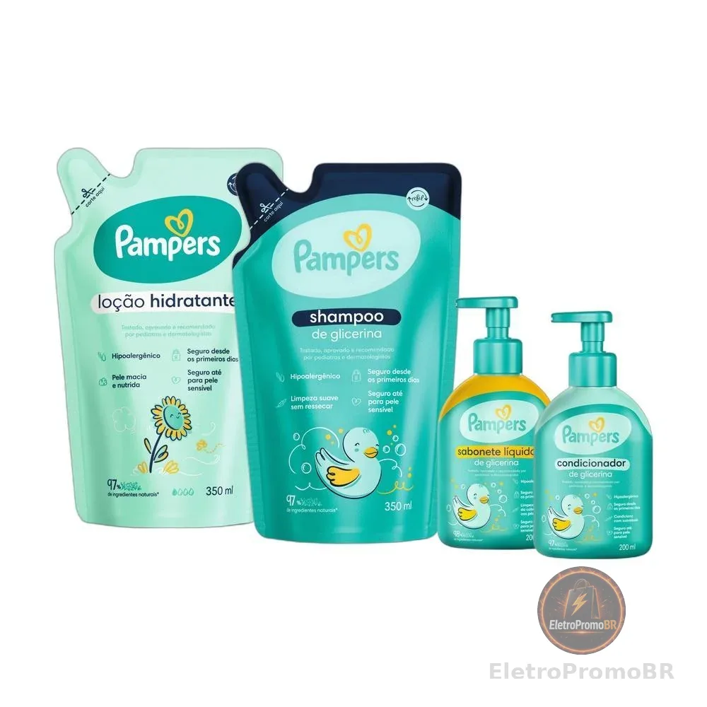 Kit Pampers Glicerina Shampoo 350ml + Condicionador 200ml + Loção Hidratante 350ml + Sabonete Líquido 200ml