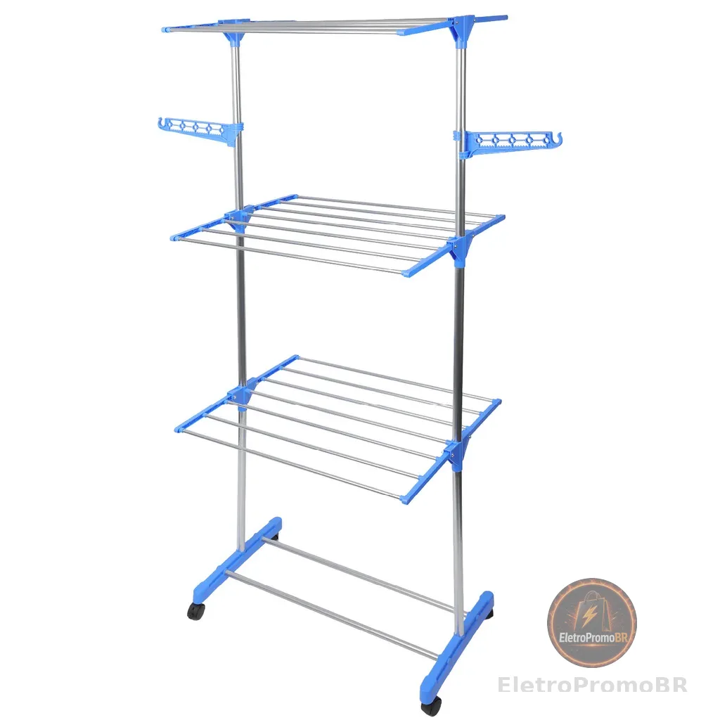 Varal De Roupa Aço Inox Dobrável Vertical Azul