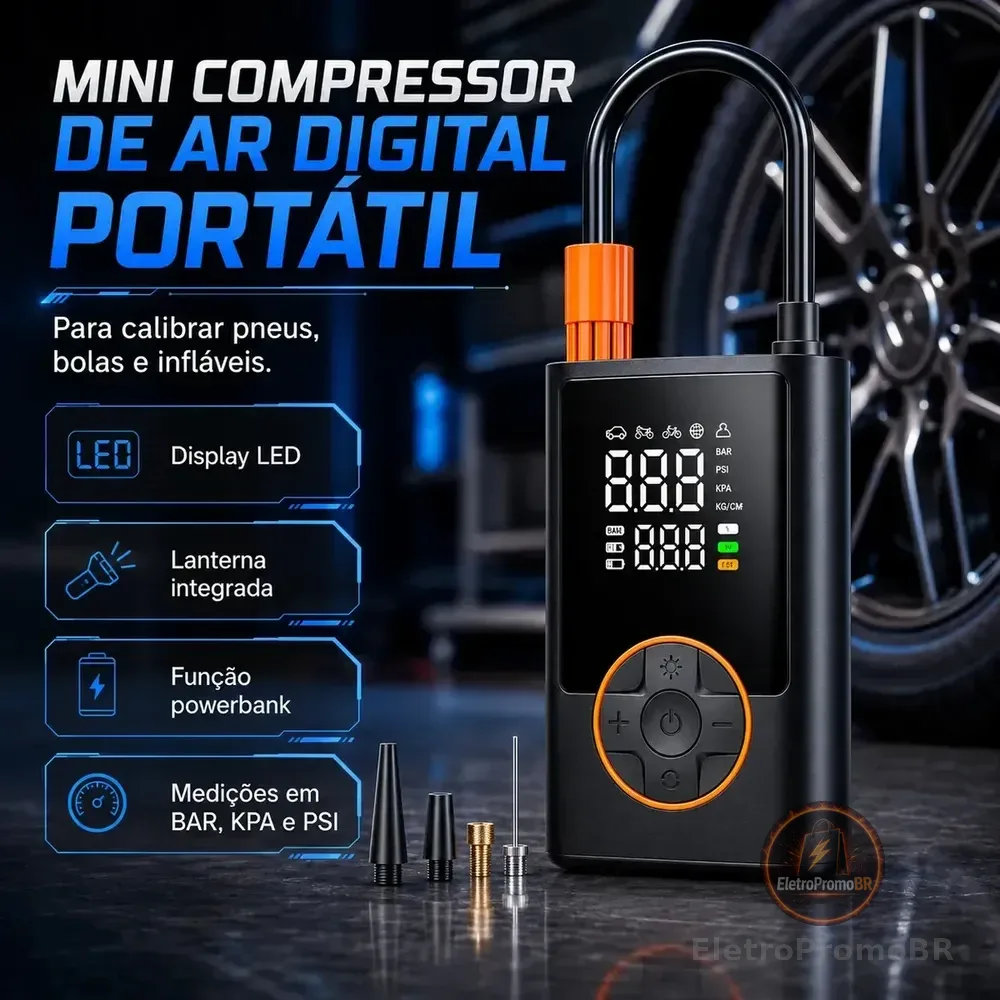 Compressor Portátil Car Air Pump Digital Com Visor Para Carro Moto Bike Calibrador De Pneu Multifuncional Preto 127/220v 50 Hz/60 Hz Monofásica