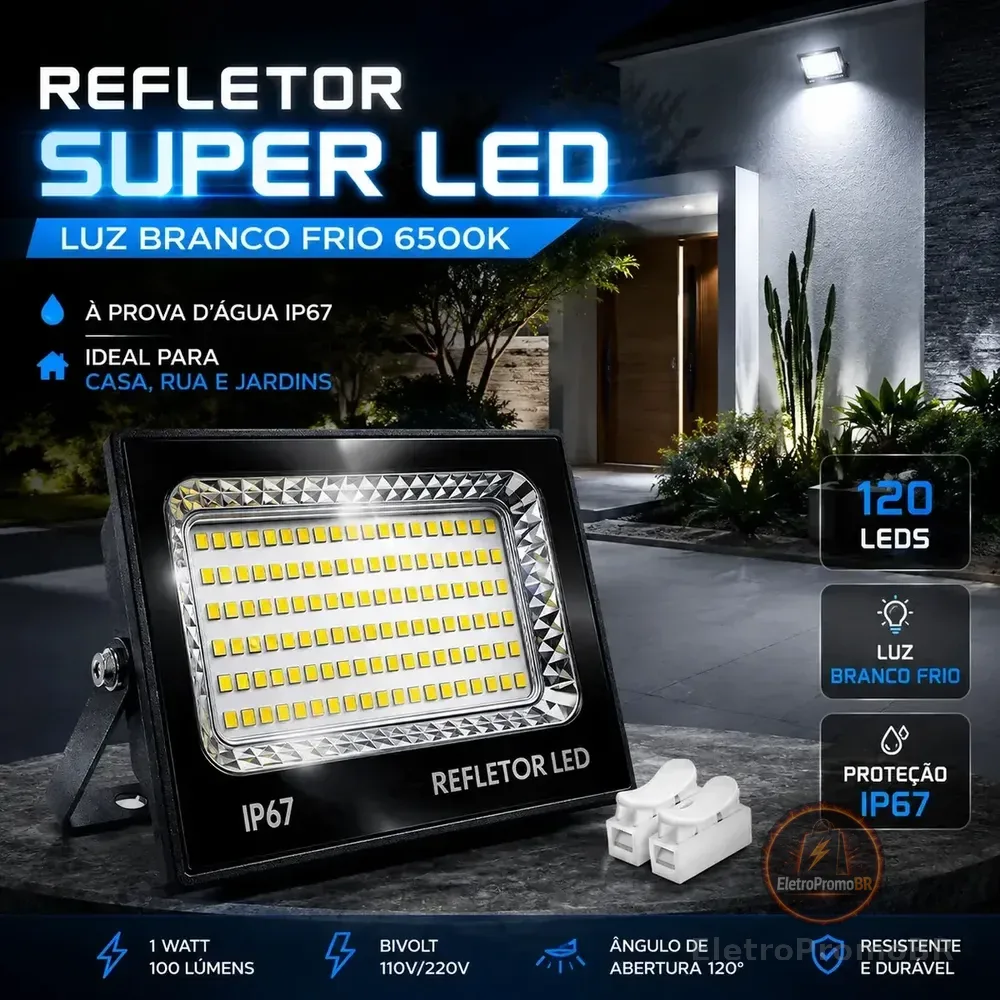 Refletor Super Led 300w Holofote Bivolt Ip67 Cor Da Luz Branco Frio 6500k 127/220v Preto