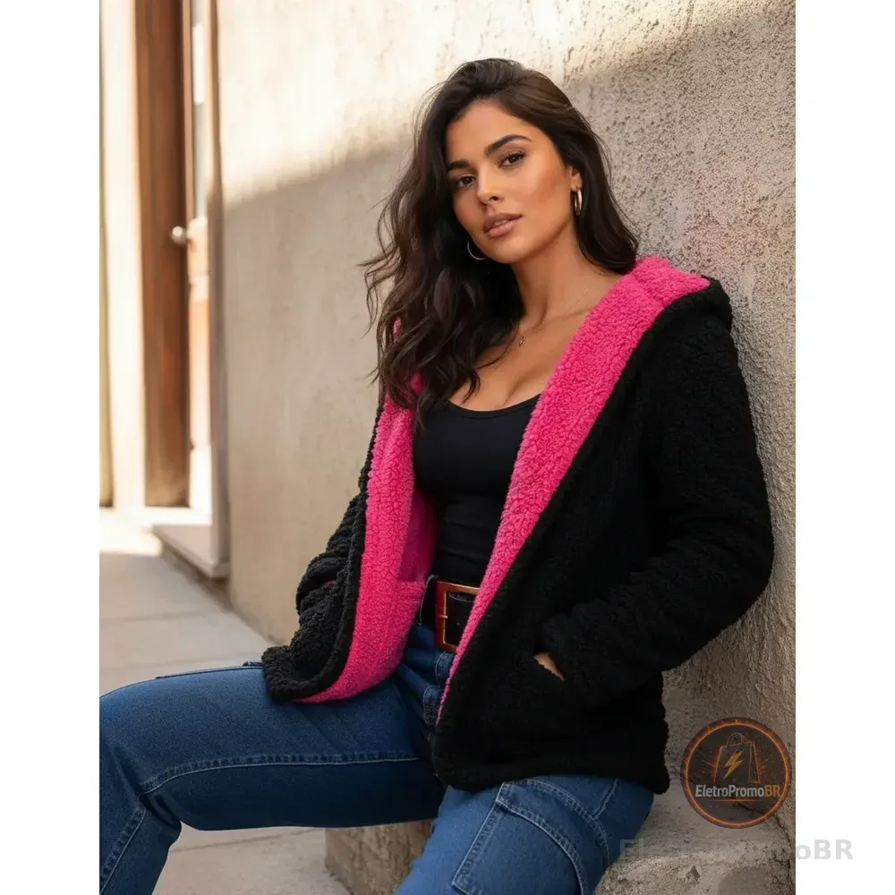 Casaco Teddy Dupla Face Reversível Feminino Inverno 2 Em 1 Preto-pinki U