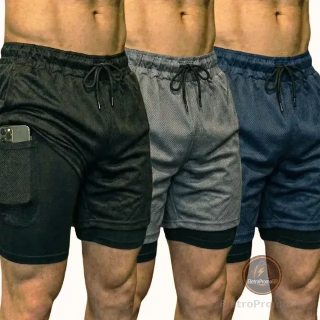 Kit 3 Bermuda 2 Em 1 Masculino Academia Short Treino Corrida