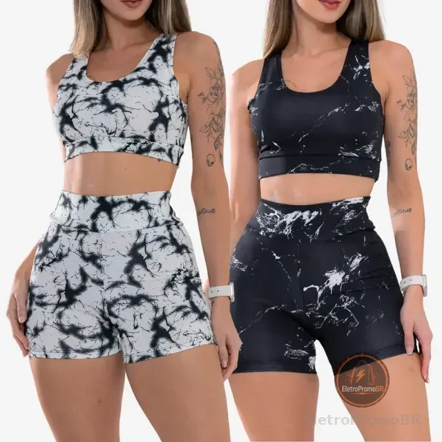Kit 2 Conjunto Academia Feminino Tye Die Shorts, Top Fitness
