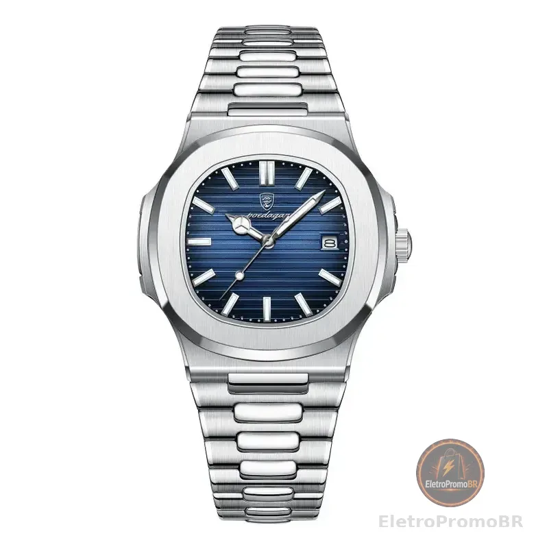 Relógio Masculino Poedagar 613 De Luxo Com Fundo Azul E Correia Prateada Prateado