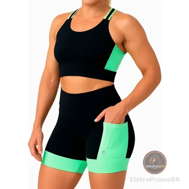 Conjunto Shorts Com Bolsos + Top Alta Sustentação Corrida