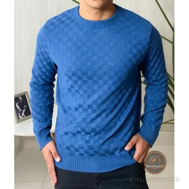 Suéter Masculino Lã Tricot Manga Longa Xadrez Blusa De Frio