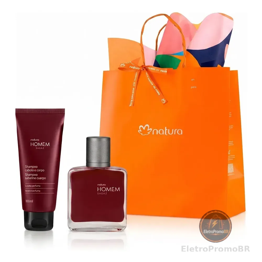 Kit Presente Natura Homem Sagaz: Deo Parfum Miniatura 25ml + Shampoo Cabelo, Barba E Corpo 100ml + Sacola Presente P