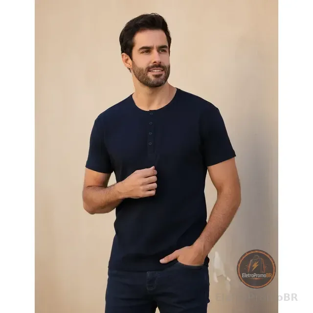 Camiseta Henley Masculina Anistia Fit Algodão Premium