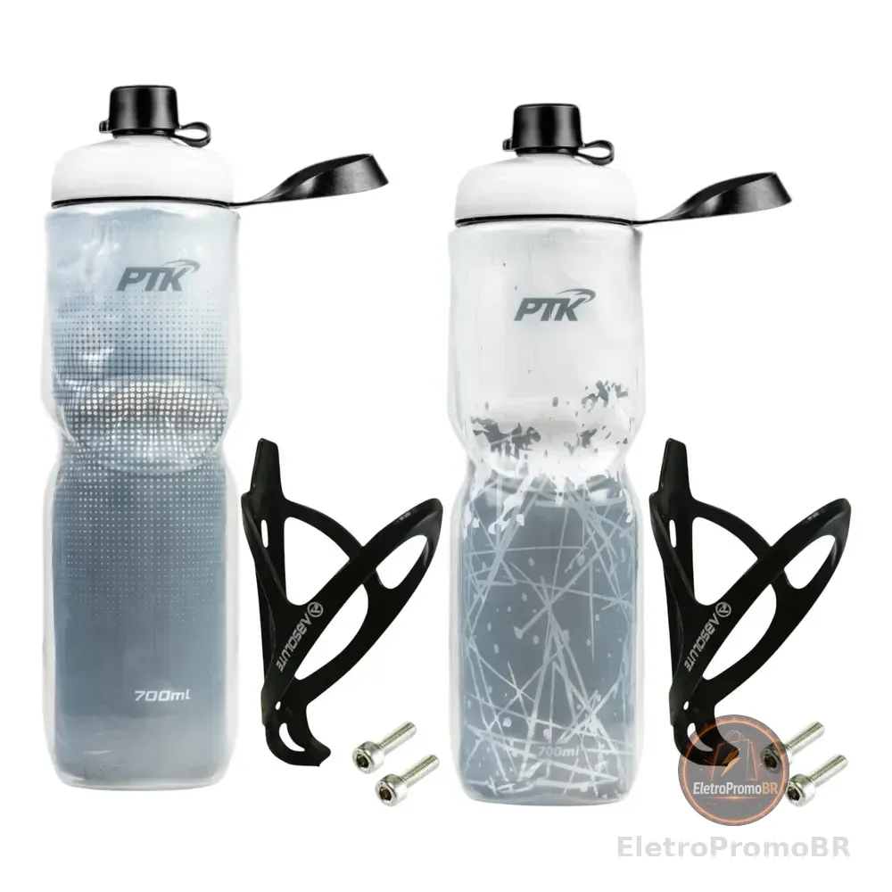 2 Garrafas Caramanhola Térmica P/ Bike 700ml + Suporte Absol Full Preto Abs/cold Branco Abs