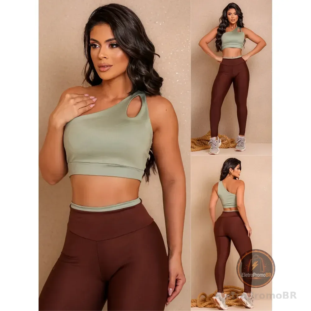 Conjunto Fitness Top Nula Manga E Calça Academia Bicolor  Marrom G (42)