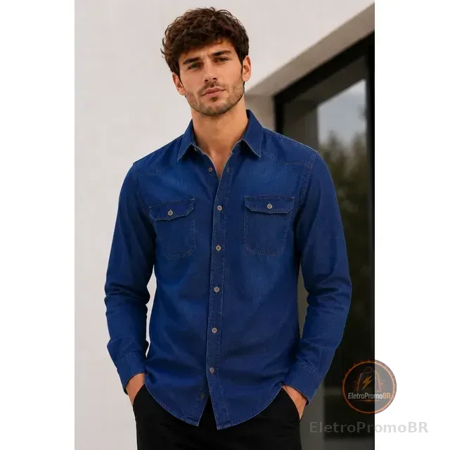 Camisa Jeans Slim Manga Longa Masculina