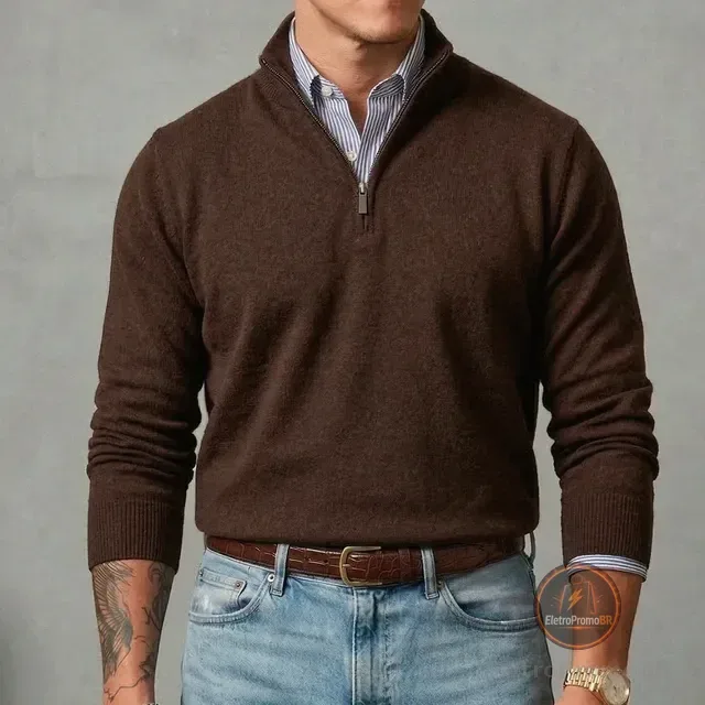 Suéter Masculino Zíper Elegante Gola Alta Inverno Old Money