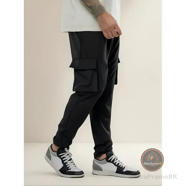 Calça Jogger Slim Masculina Mm  Cargo Preta 4 Bolsos