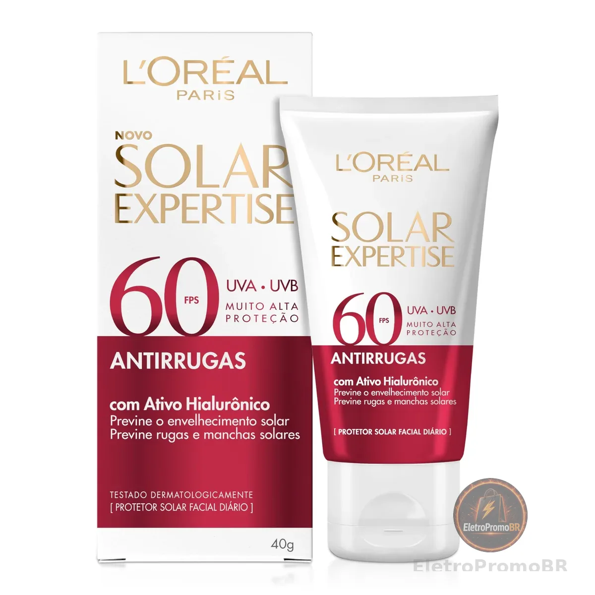 L'Oréal Paris Solar Expertise Antirrugas FPS60 com Ativo Hialurônico, Protetor Solar Facial Diário, Previne o Envelhecimento Precoce, Rugas e Manchas 40g