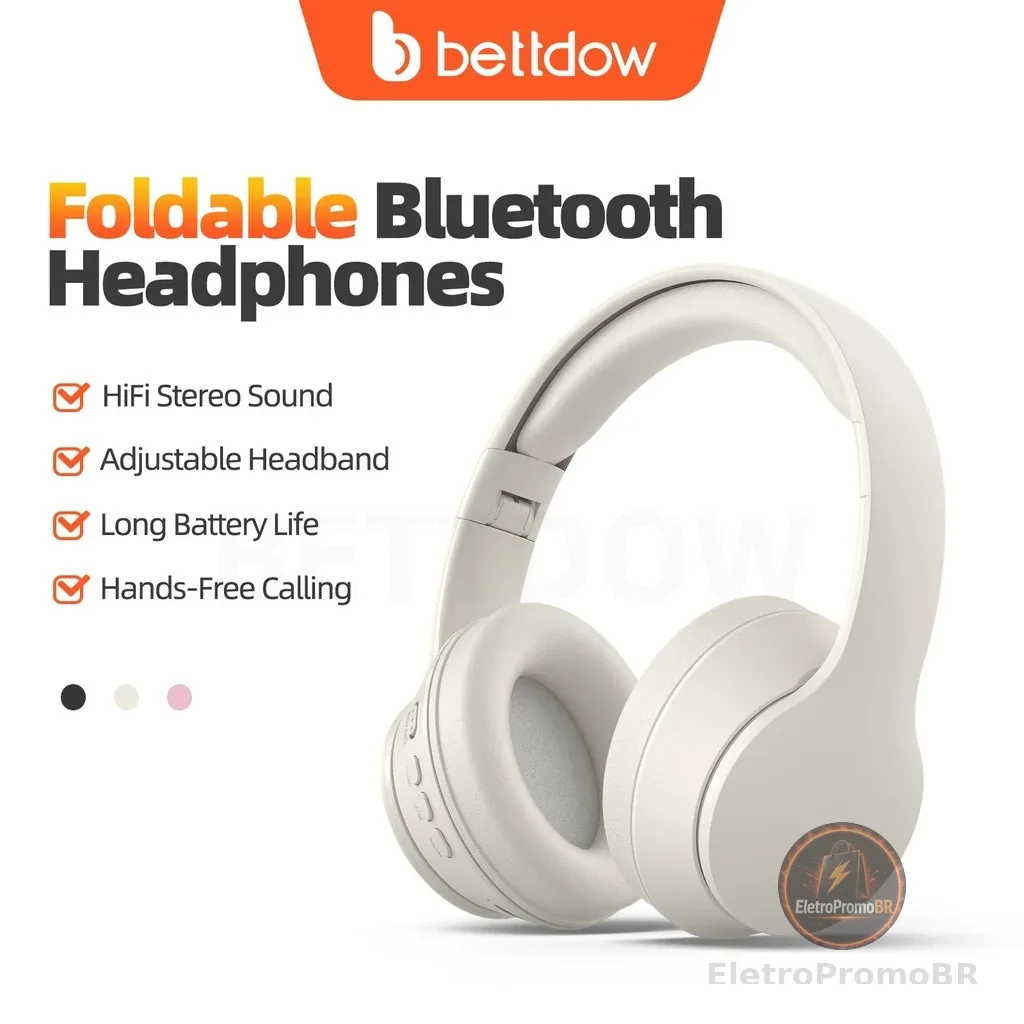 Fones de ouvido dobráveis ​​BETTDOW com som estéreo HiFi ideais para jogos e esportes, com reprodução em múltiplos modos