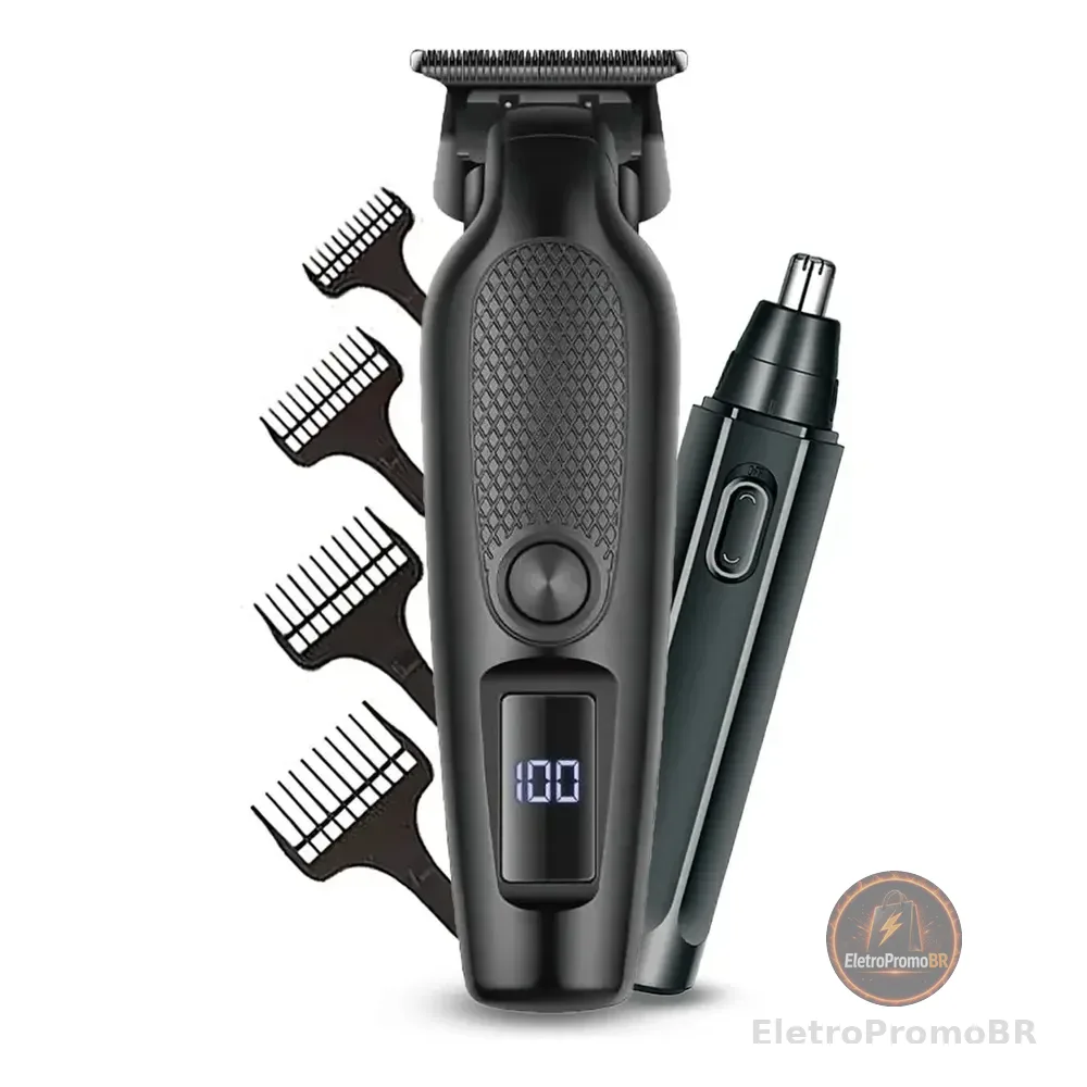Máquina De Corte Acabamento Com Visor Led Profissional + Brinde Cabelo Pelo Barbear Trimmer Maquininha Detalhes Sem Fio Preto 127/220v