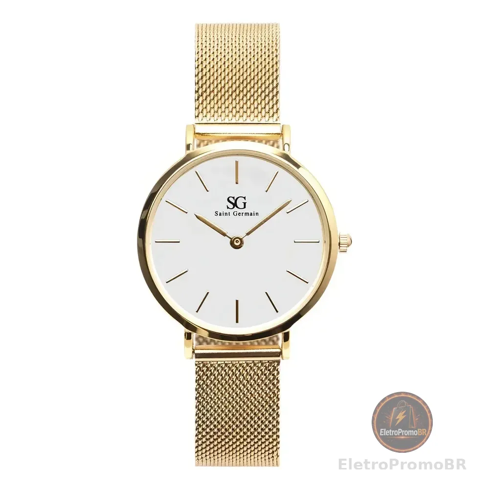 Relógio Feminino Dourado Chelsea Gold 32mm Fundo Branco Saint Germain