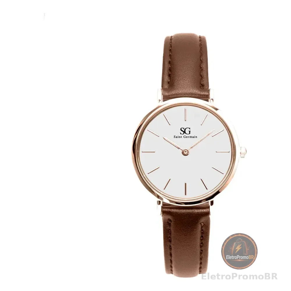Relógio Feminino De Couro Marrom Saint Germain Bronx Rose Gold 32mm Cor Do Fundo Branco