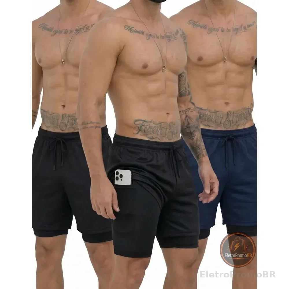 Kit 3 Shorts 2 Em 1 Duplo Bolso Para Academia Treino Corrida Preto/preto/azul G