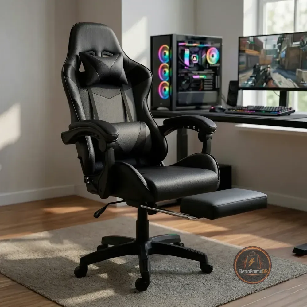 Cadeira Gamer Ergonômica Para Jogos Pc Reclinável Apoio Pé Preto Couro Sintético