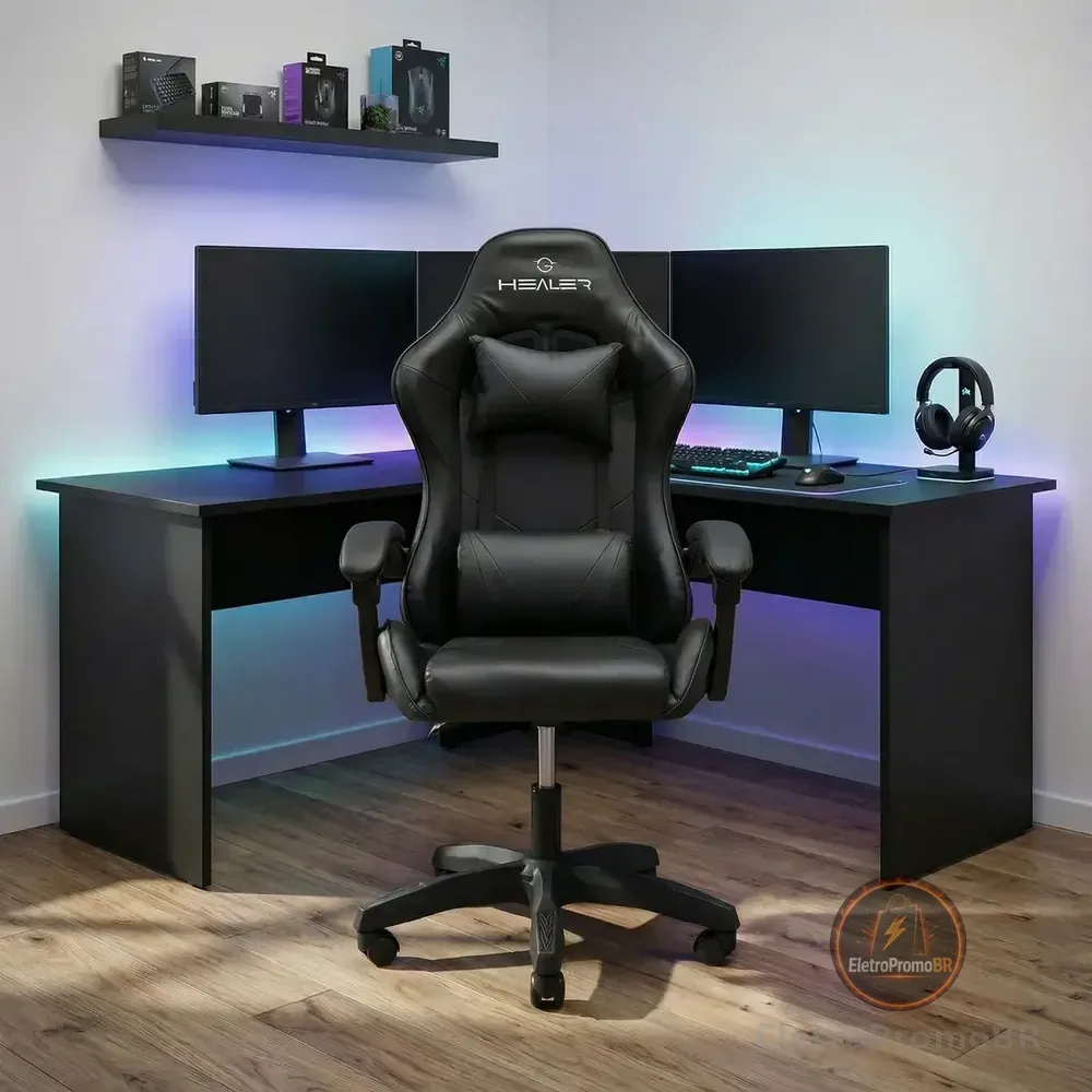 Cadeira Gamer Lancer Preta Healer Preto Couro Sintético