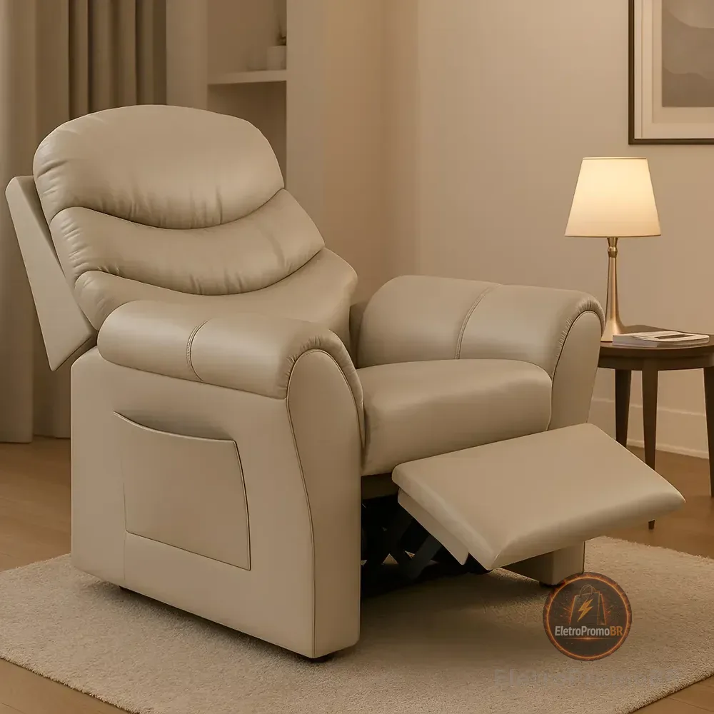 Poltrona Cadeira Do Papai Com Encosto Macio Reclinável E Retrátil Revestido Em Corino Para Sala De Descanso E Amamentação Cor Bege