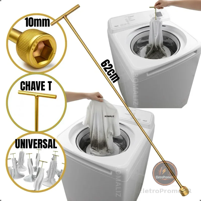Chave T 10mm Longa 62cm de Máquina de Lavar Roupa Retirar Abrir Agitador Marcas Modelo Universal