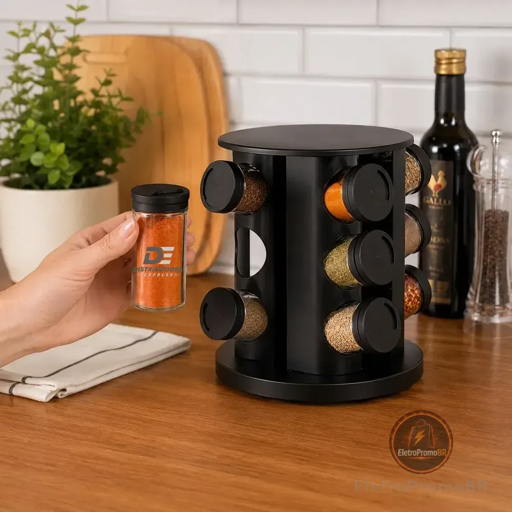 Porta Temperos Giratório Com 9 Potes De Vidro Cor Preto Preto