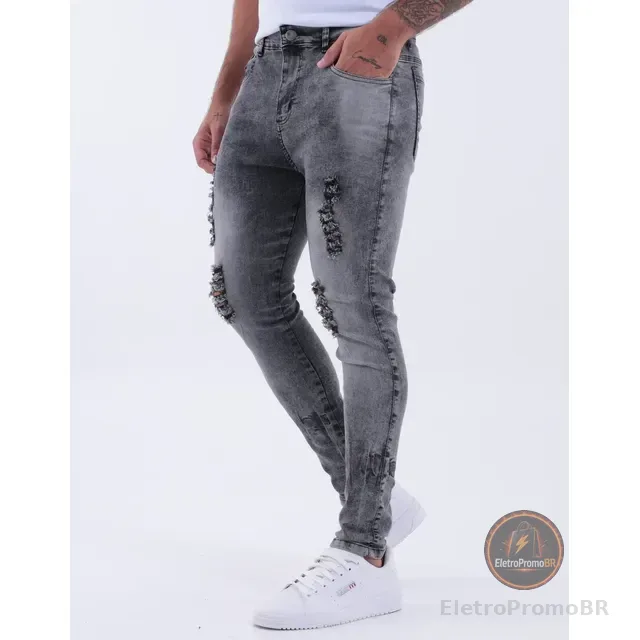 Calça Skinny Preta Rasgada Masculina Jeans C/ Elastano Lycra