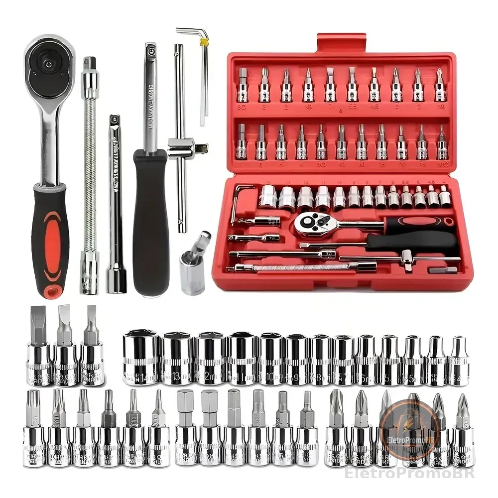 Kit Chave Catraca Soquete 46 Peças Jogo Ferramentas Cromo Vanádio Manutenção De Carros E Motos Vermelho