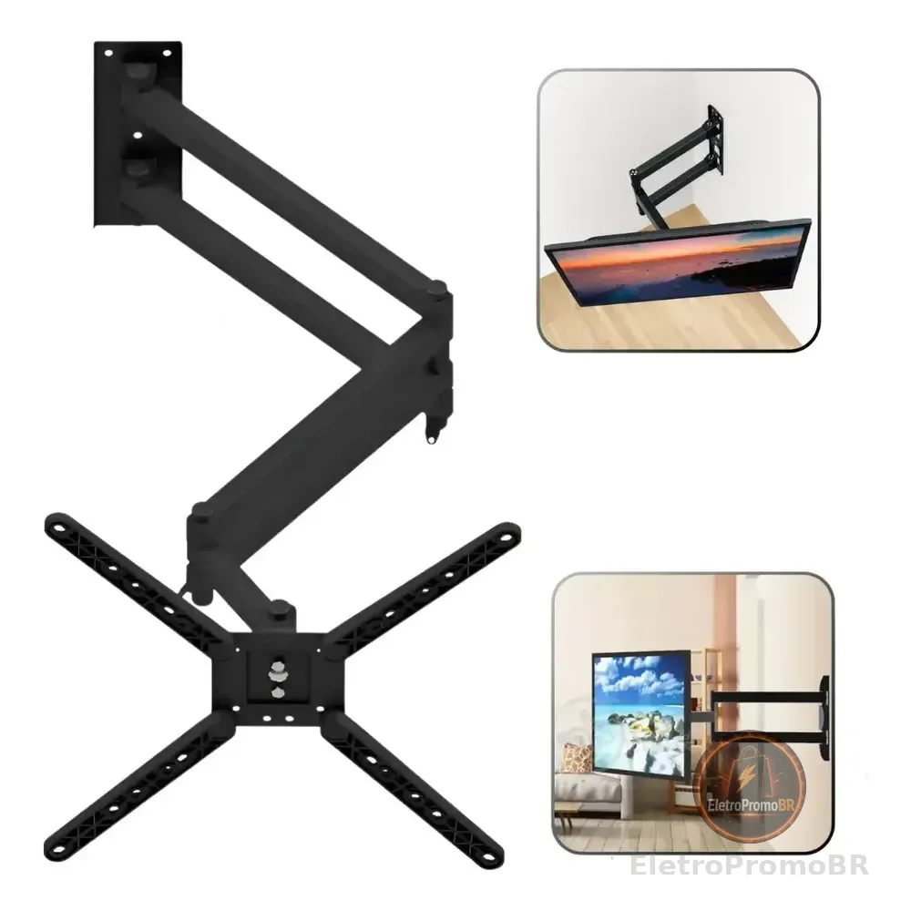 Suporte Articulado 10 A 50 Pol Girar Tv 180° Longo 90cm Pret Preto
