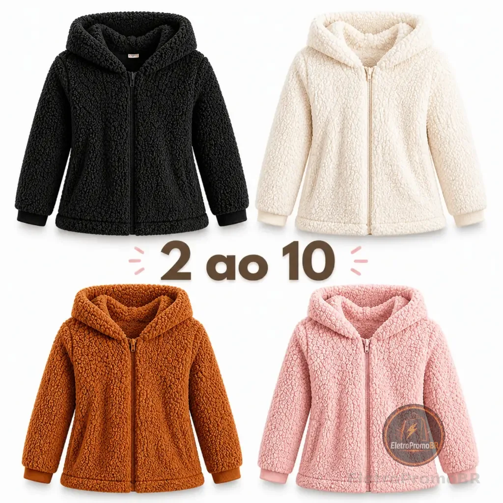 Blusa Infantil Sherpa com Zíper e Touca Casaco Quentinho Inverno Menino Menina 2 a 10 Anos