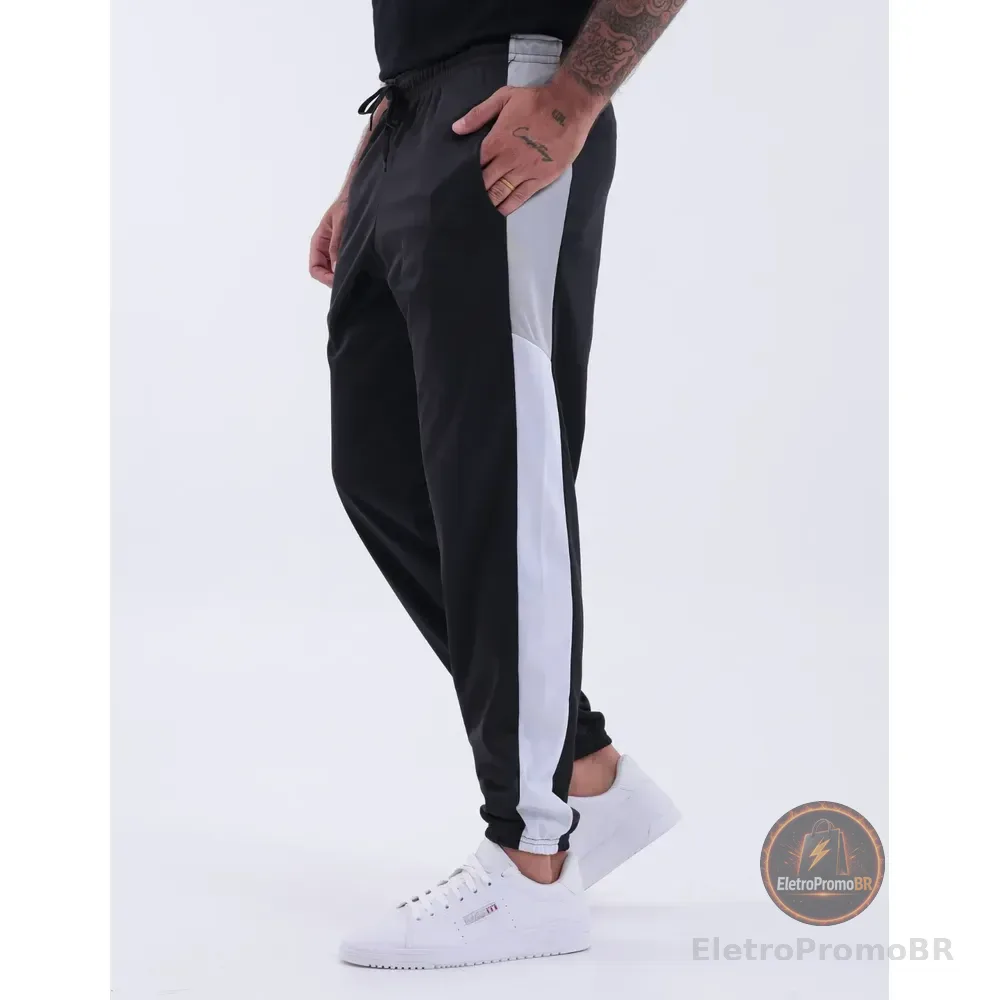 Calça Moletom Masculina Academia Corrida Slim Chimpa Esporte Preto Liso Com Recorte Lateral Contrastante G