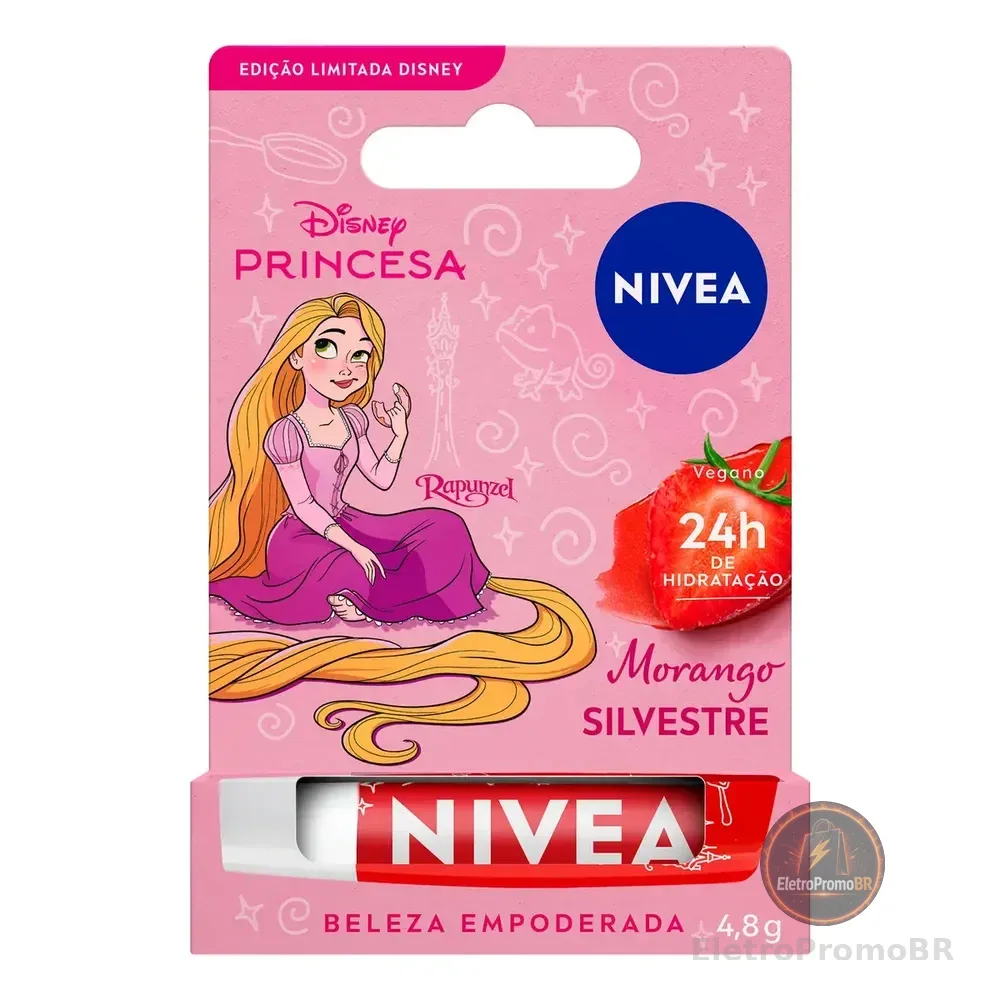 Nivea Hidratante Labial Morango Silvestre Ed. Limitada Rapunzel Disney® Princesa 4,8g, Hidratação Intensa 24h, Cor Suave, Brilho Delicado, Manteiga De Karité