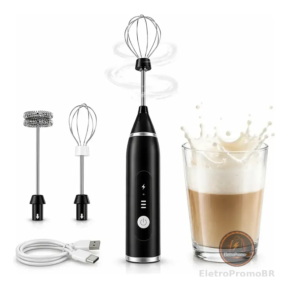 Mini Mixer Elétrico Portátil Recarregável Usb, Com 3 Velocidades E Batedor Duplo Para Café E Leite Preto