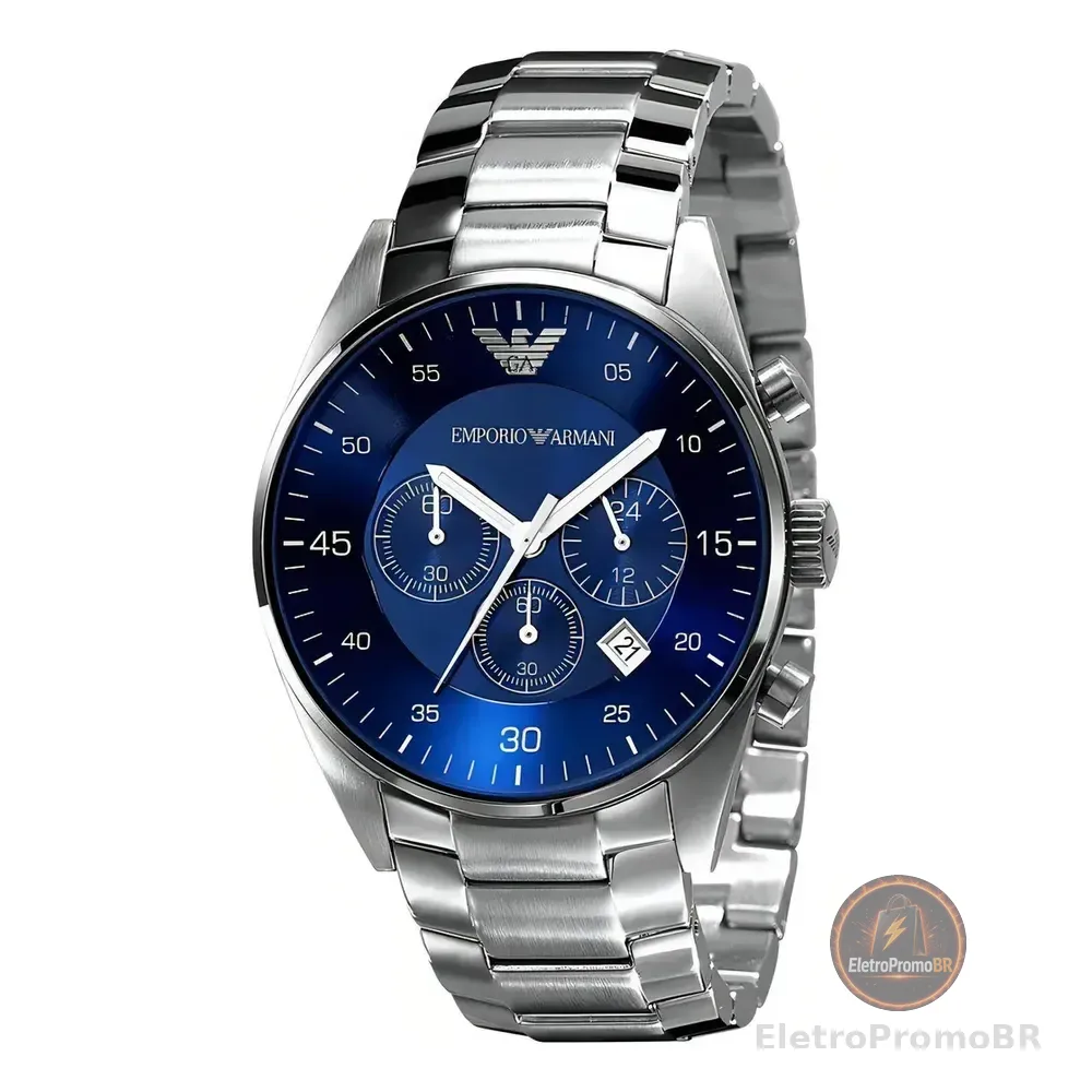Relógio Empório Armani Ar-5860 Original Prata E Azul Prateado