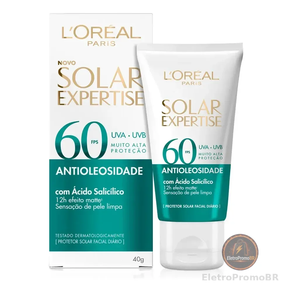 Protetor Solar Facial Antioleosidade Fps60, Controle De Oleosidade Por 12h, Efeito Matte Sem Cor, Solar Expertise L'oreal Paris, 40g