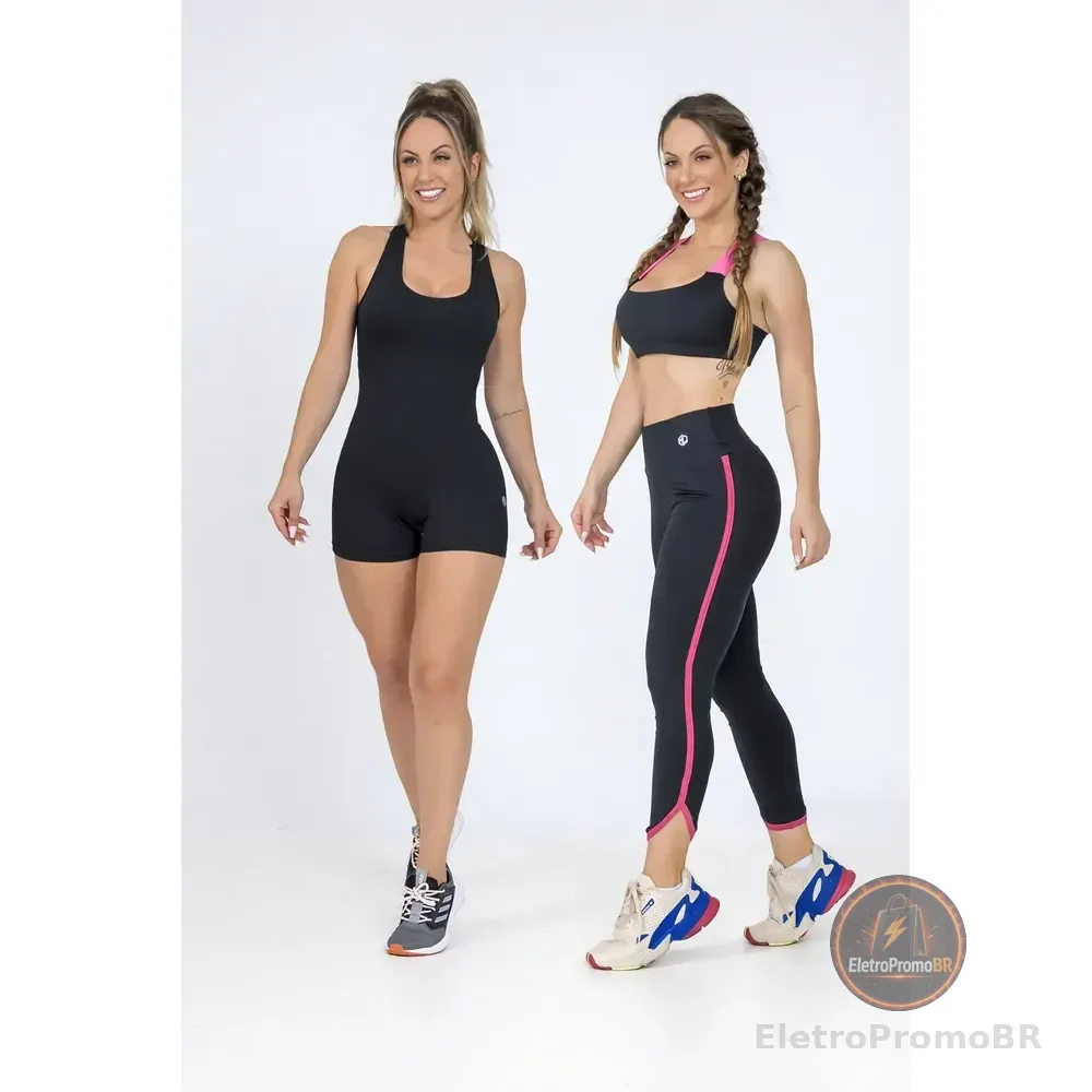Kit Conjunto Fitness Viés Top E Legging + Macaquinho Shorts Preto Gg