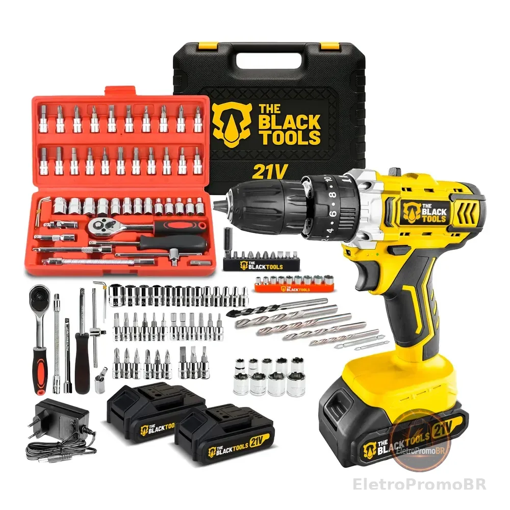 Furadeira Parafusadeira De Impacto 2 Baterias 21v + 46 Peças Amarelo 110v/220v 60hz