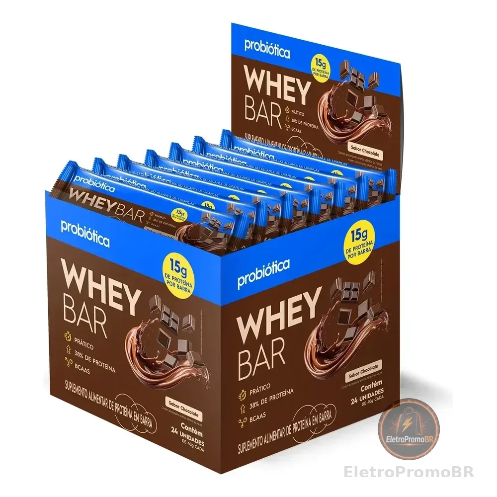 Barra De Proteína 24 Unidades Whey Bar Probiótica Chocolate Alto Proteico
