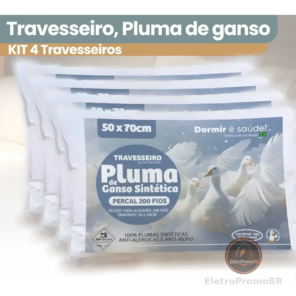 Kit 4 Travesseiro De Pluma De Ganso Sintética Super Macio Premium Antialérgico Conforto Extra Hotel Luxo - Cor Branco