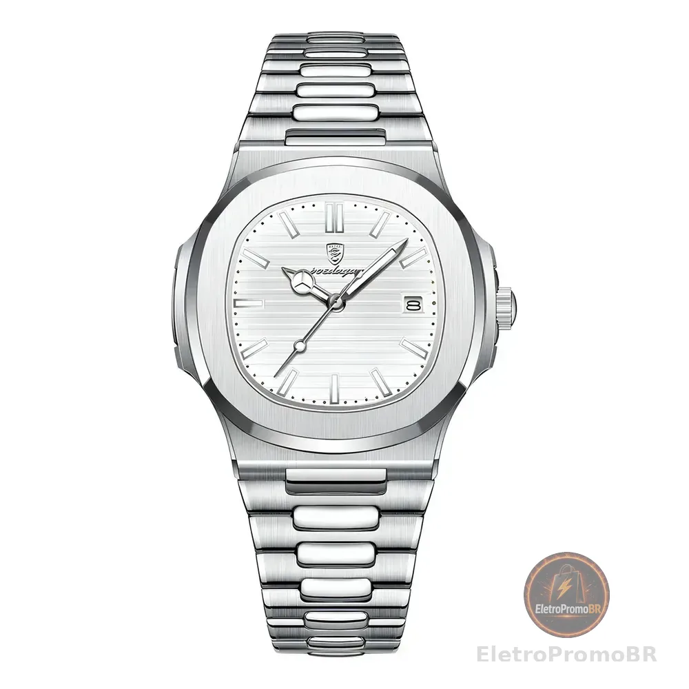 Relógio De Luxo Poedagar Masculino Prateado Old Money 613 Bisel Prateado Fundo Branco