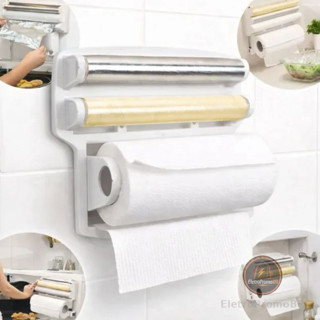 Porta Papel Toalha Triplo Suporte Rolos de Cozinha 3 em 1