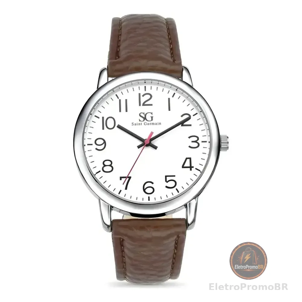 Relógio Masculino Chrowl Prateado Saint Germain Correia De Couro Marrom Caixa Prateada Fundo Branco 40mm Elegante Clássico