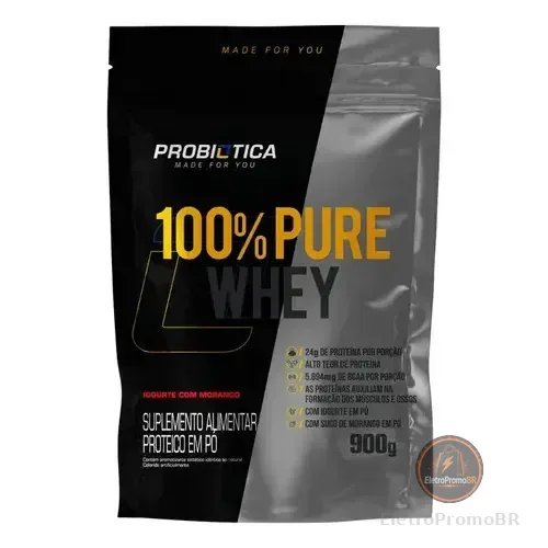 100% Pure Whey Refil 900g - Probiótica - Whey Concentrado Sabor Iogurte Com Morango