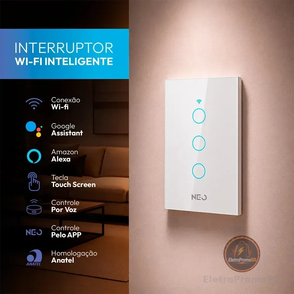 Interruptor Inteligente Smart Wi-fi 2.4 Ghz Alexa Google 3 Botões 4x2 Bivolt Branco Cod: 291990392 Neo Avant Branco 3 127/220v