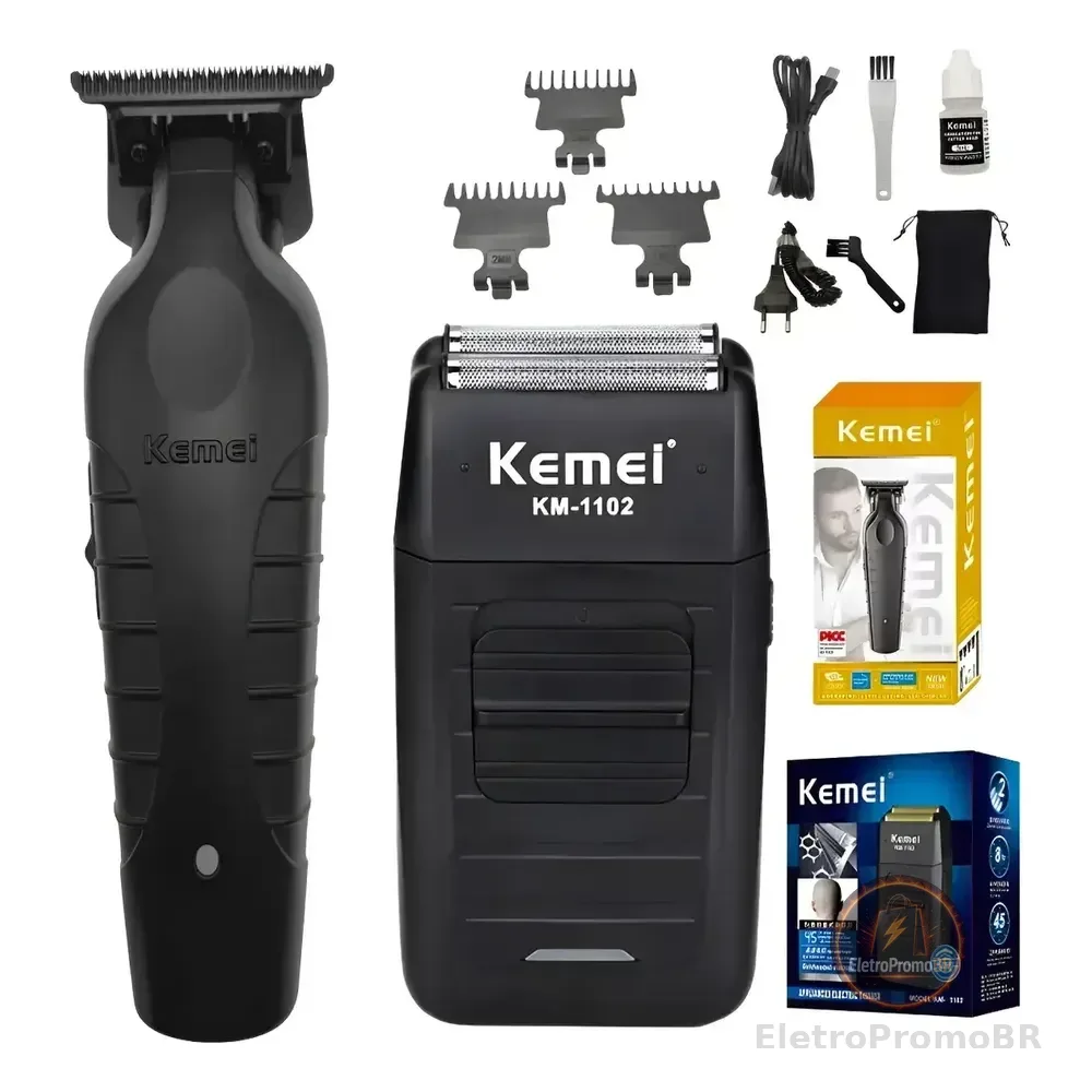 Kit Kemei Máquina De Corte Km-2299 E Acabamento Km-1102 Bivolt Preto 5v